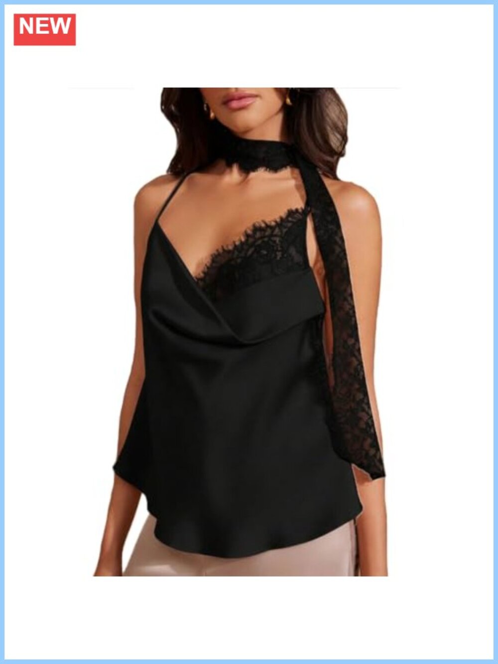 Loose Fit Lace Trim Satin Cowl Neck Backless Cami Tank Top with Scarf